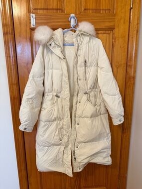 Women's Cream Long Puffer Coat with Faux Fur Hood